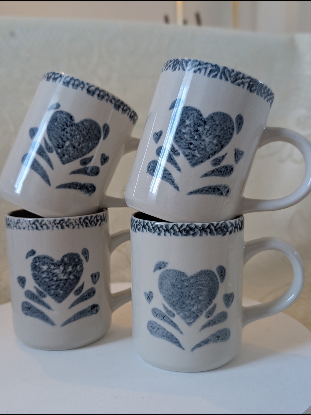 Gibson White Ceramic Mugs with Blue Heart Motif - Set of 4